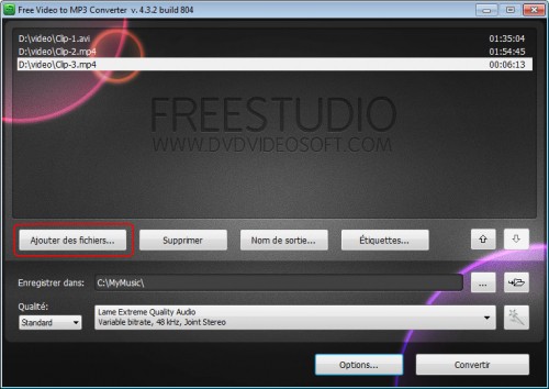 Ajouter des fichiers dans Free Video to MP3 Converter