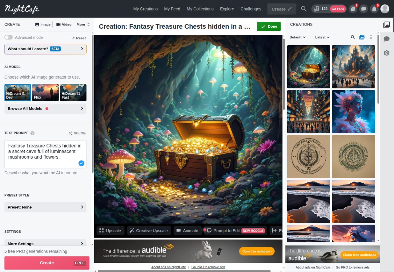 Интерфейс NightCafe Creator: поле промпта, выбор AI-модели и генерация изображений